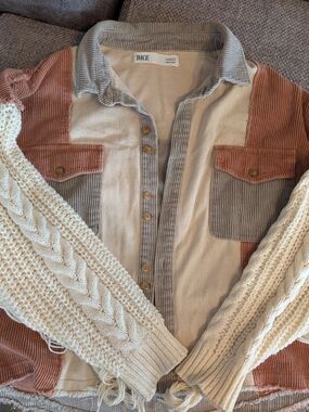 BKE Beige, Gray Patch Work Knit Button Down L